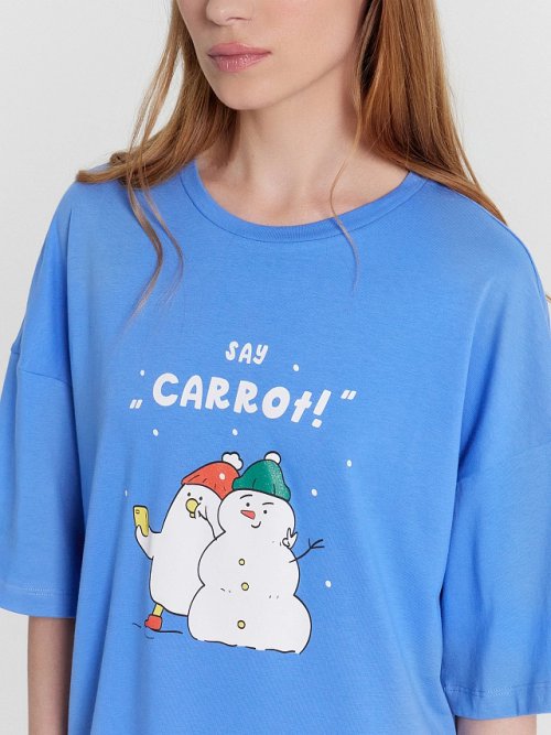 Туника женская домашняя голубая с принтом и надписью "Say carrot!", фото 4 из 8