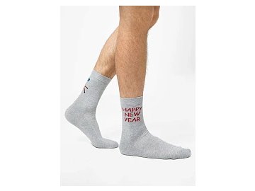 Высокие мужские носки с махровой стопой в оттенке "серый меланж" и новогодней надписью Марк Формель
