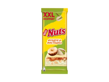 Шоколад Nuts Фундук и фисташка Белый шоколад с нач фундуком и тертой фисташкой 150 г на акции в магазинах Корона
