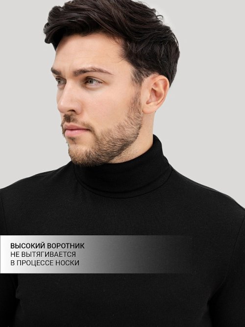 Черный лонгслив с воротником-стойкой из египетского хлопка, фото 3 из 20