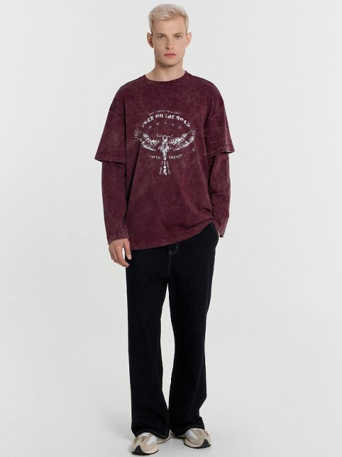 Лонгслив мужской бордовый с обработкой эйсид и принтом, фото 3 из 5