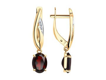 Серьги длинные Diamant, красное золото 585 проба, вставка фианит/гранат