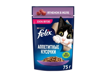 Пауч Felix для взрослых кошек, кусочки в желе с ягненком, Аппетитные кусочки, 75 г