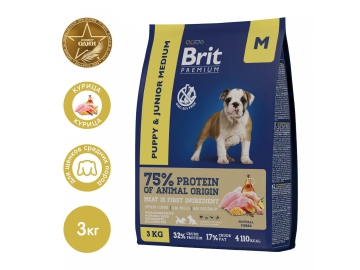Корм Brit Premium Dog Puppy and Junior Medium для щенков и молодых собак средних пород, Курица, 3 кг