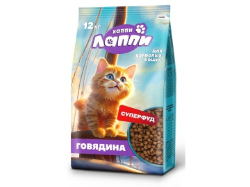 Корм Хаппи Лаппи для взрослых кошек с говядиной, 12 кг