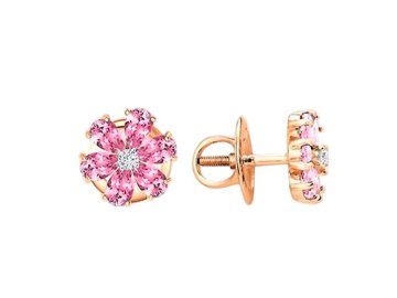 Серьги пусеты LUCKY DIAMOND, красное золото 585 проба, вставка бриллиант