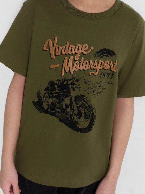 Футболка для мальчиков зеленая с принтом и надписью "Vintage motosport", фото 6 из 6
