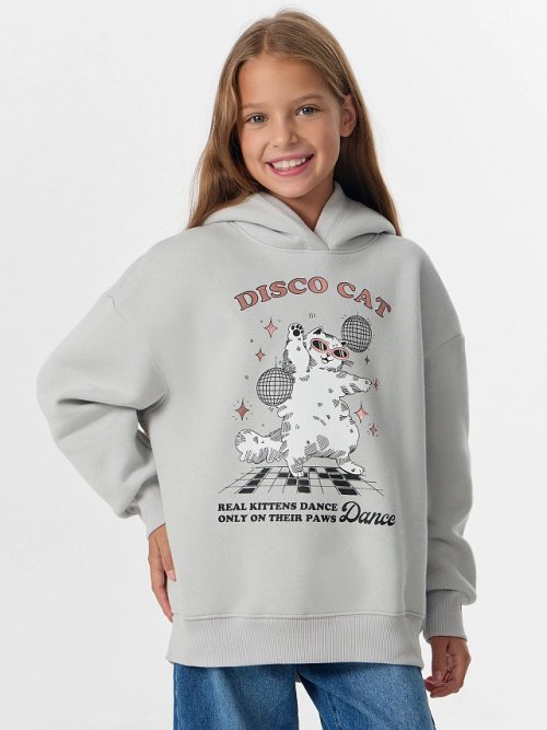 Худи для девочек серое с надписью "Disco cat", фото 1 из 32