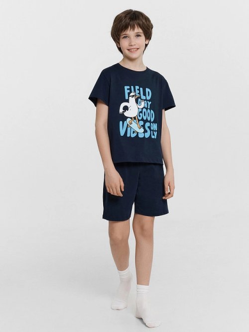 Комплект для мальчиков синий с принтом и надписью "Field day good vibes only", фото 2 из 8