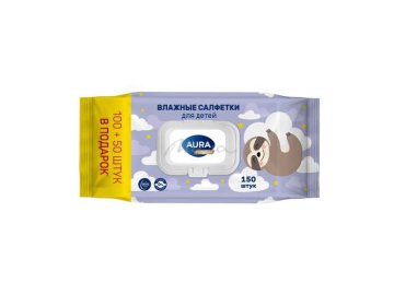 Салфетки влажные AURA Premium для детей 0+, 150 шт