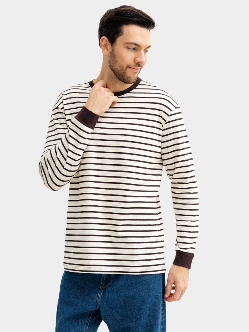 Лонгслив мужской в молочно-шоколадную полоску, фото 1 из 5