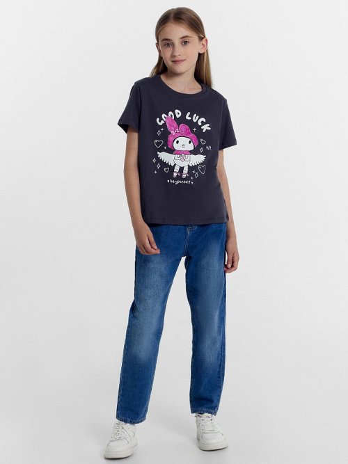 Футболка для девочек серая с зайкой, фото 2 из 5