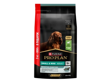 Корм Purina Pro Plan для взрослых собак мелких пород с чувствительным пищеварением, с ягненком, Sensitive digestion, 3 кг+800 г Зообазар