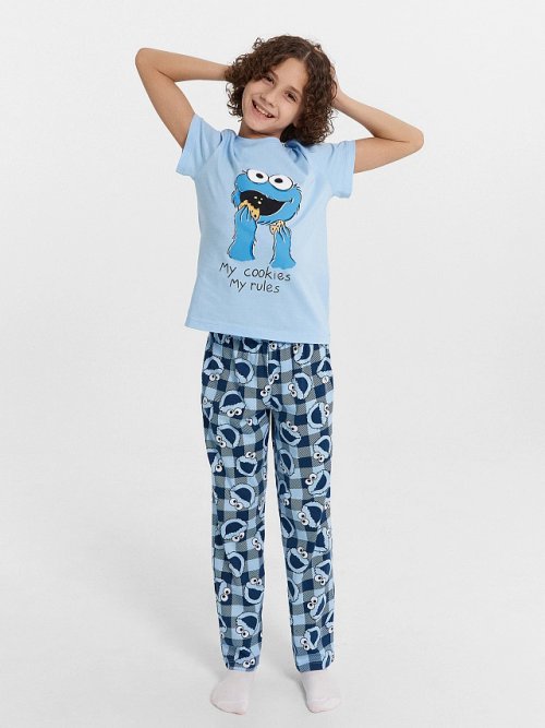 Пижама для мальчиков голубая с принтом Cookie Monster, фото 1 из 9