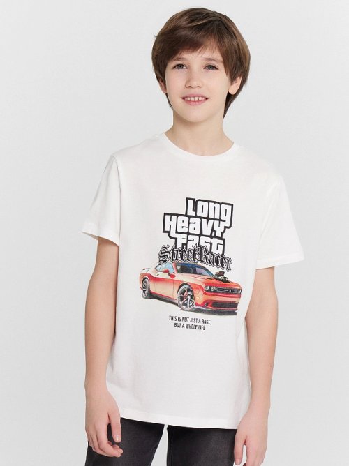 Футболка для мальчиков белая с принтом и надписью "long heavy fast", фото 2 из 6