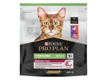 Корм Purina Pro Plan, для взрослых стерилизованных кошек, со вкусом утки с печенью, Savoury Duo, 400г
