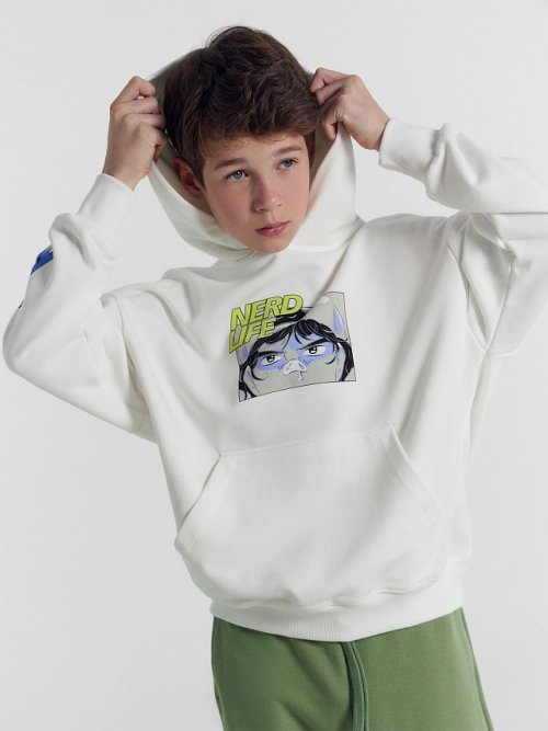 Худи для мальчиков белое с надписью "Nerd life", фото 1 из 8