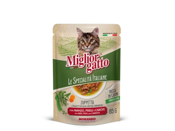 Суп Miglior gatto Le Specialità Italiane д/кошек полоски в соусе говядина, горох и морковь, 85 г