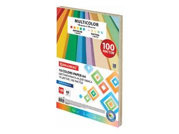 Бумага цветная BRAUBERG 115350 (А4, 80г/м2, 10 цветов, 100л)