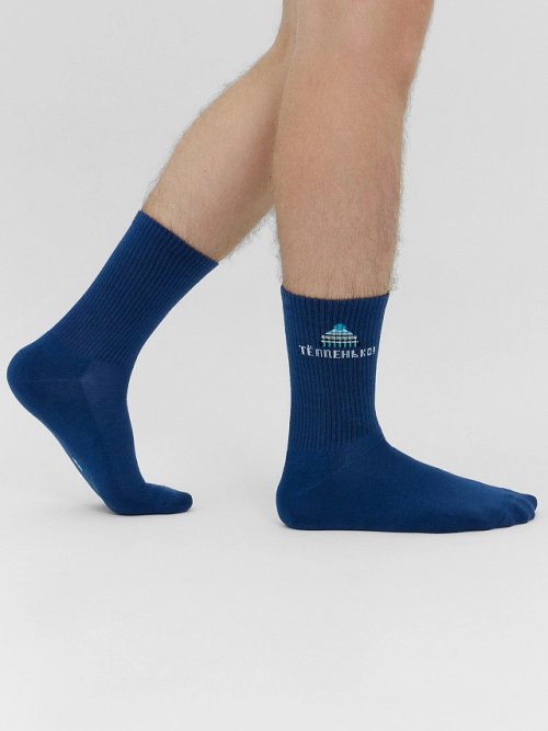 Носки мужские в джинсово-синем цвете с рисунком в виде надписи "Тепленько", фото 1 из 12