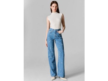 Джинсы Wide leg женские синие с декоративными элементами