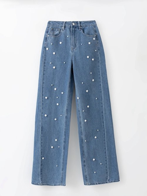 Джинсы Wide leg женские синие с декоративными элементами, фото 4 из 8
