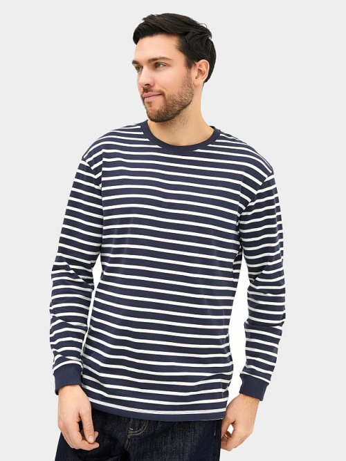 Лонгслив мужской молочный в синюю пооску, фото 1 из 5