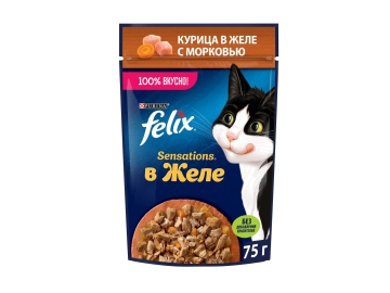 Пауч Felix для взрослых кошек, с курицей в желе с морковью, Sensation, 75 г Зообазар