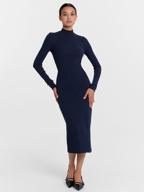 Прилегающее платье в рубчик графитового цвета, фото 2 из 6