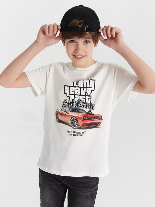 Футболка для мальчиков белая с принтом и надписью "long heavy fast", фото 1 из 6