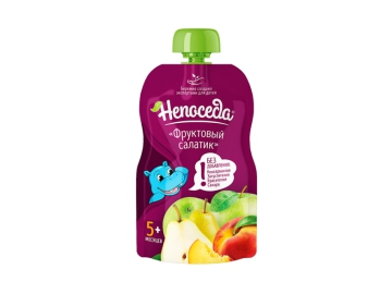 Пюре Непоседа Фруктовый салатик из яблок, груш и персиков с 5 мес 90г пауч Корона