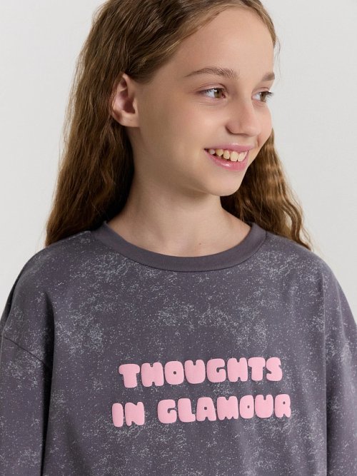 Сорочка ночная для девочек серая с принтом и надписью "thoughts in glamour", фото 3 из 24