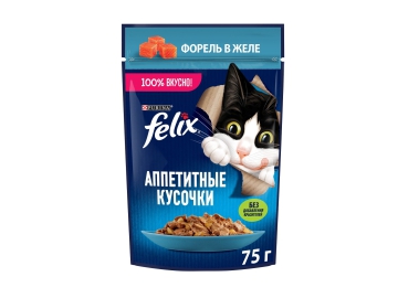 Пауч Felix для взрослых кошек, кусочки в желе с форелью, Аппетитные кусочки, 75 г Зообазар