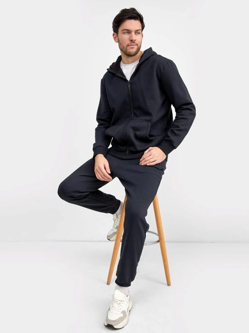 Теплая толстовка на молнии с меховым капюшоном в черном цвете, фото 1 из 5