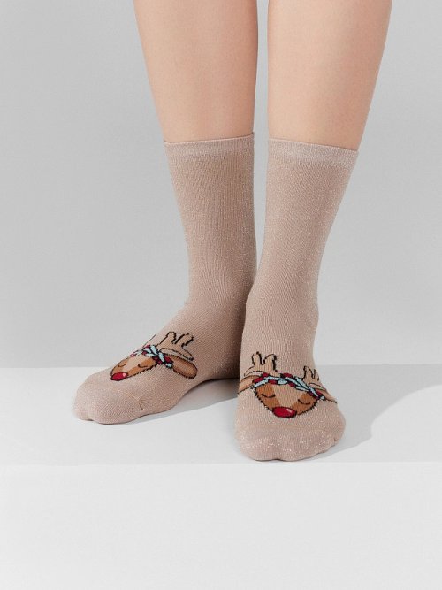 Носки женские высокие с люрексом и узором в виде оленей, фото 3 из 6