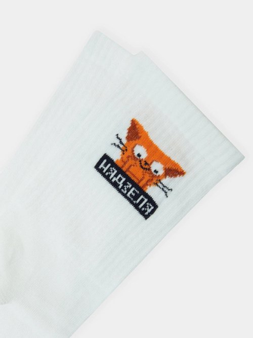 Носки женские белые с рисунком в виде котика с надписью, фото 4 из 4