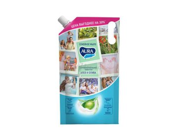 Мыло жидкое с антибактериальным эффектом AURA Family Олива и сок Алоэ дой-пак, 1000 мл