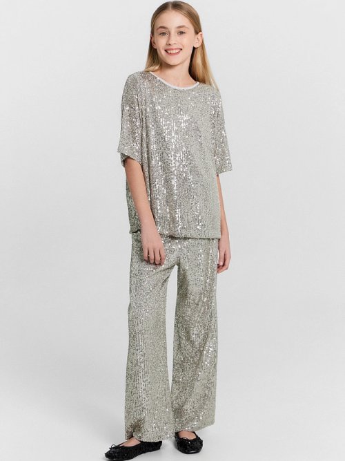 Брюки для девочки серебристые с пайетками, фото 3 из 5