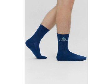 Носки мужские в джинсово-синем цвете с рисунком в виде надписи "Тепленько"