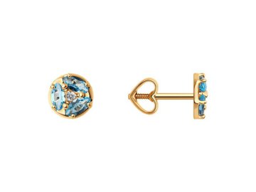 Серьги пусеты Diamant, красное золото 585 проба, вставка фианит/топаз