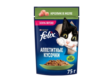 Пауч Felix для взрослых кошек, кусочки в желе с кроликом, 75 г Зообазар