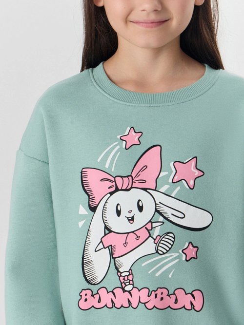 Свитшот для девочек зеленый с надписью "Bunnybun", фото 4 из 28
