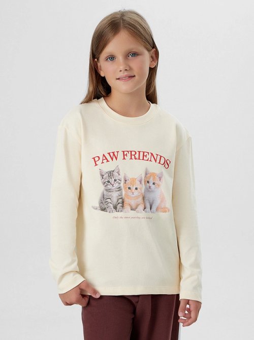 Лонгслив для девочек кремовый с принтом и надписью "Paw friends", фото 1 из 20