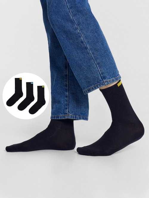 Мультипак высоких мужских носков черного цвета (3 пары) с прямоугольной цветной вставкой, фото 1 из 18