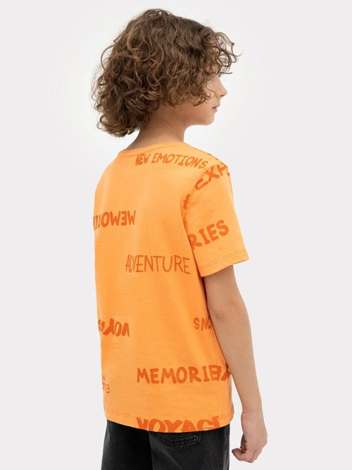 Футболка для мальчиков оранжевая с принтом "текст", фото 4 из 5