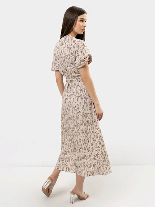 Платье женское миди в бежевом оттенке с цветочным принтом, фото 2 из 3