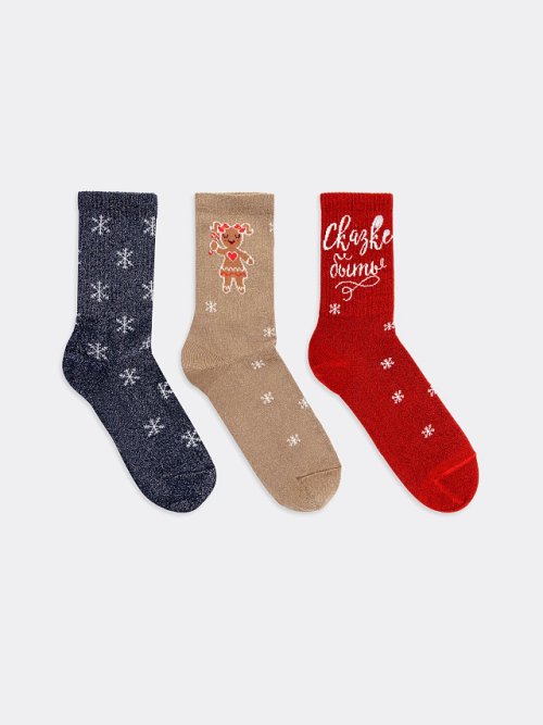 Носки женские мультипак (3 пары) в красно-карамельных и синих цветах, фото 1 из 6