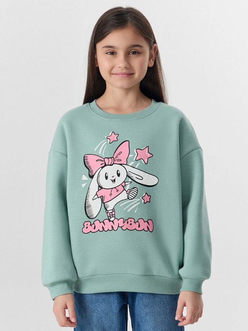 Свитшот для девочек зеленый с надписью "Bunnybun", фото 1 из 28