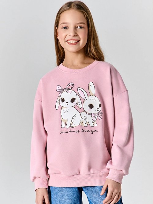 Свитшот для девочек розовый с надписью "Some bunny loves you", фото 1 из 28