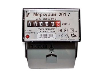 Счетчик электронный Меркурий 201.7 1-фазный 5-60А 1 класс точн. 1 тариф.